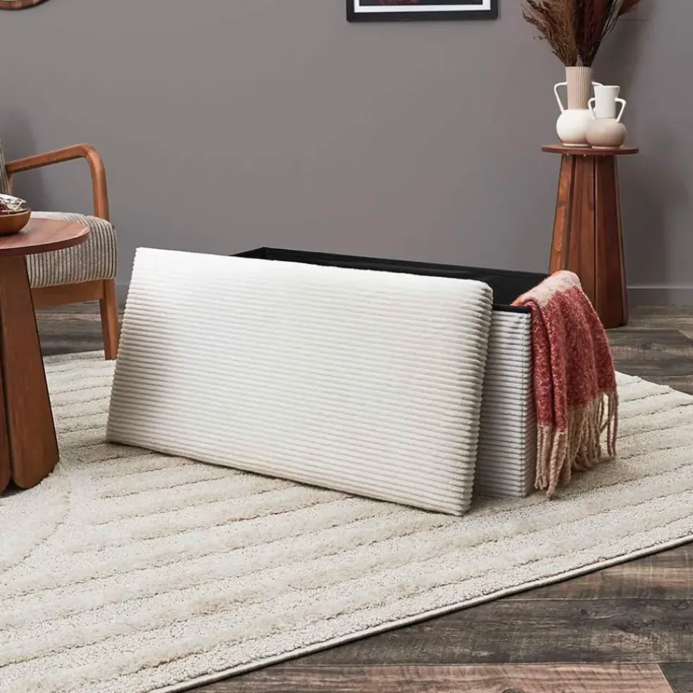 Banc coffre pliable en tissu côtelé beige - Scarlett
