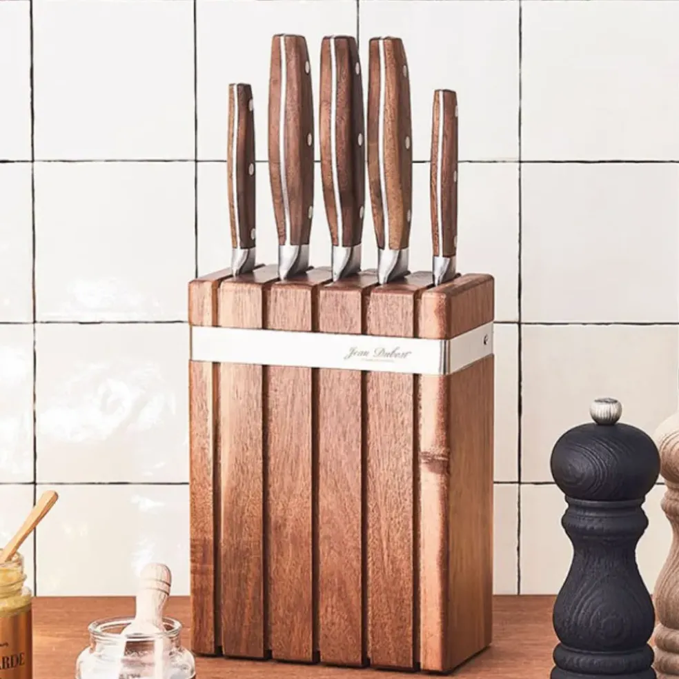 Bloc en acacia de 5 couteaux de cuisine inox avec manche en noyer