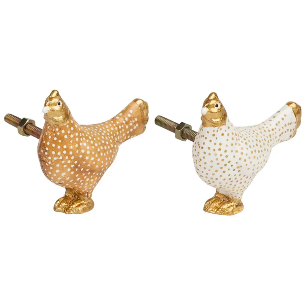 Boutons de porte poules x2 blanc et doré - Campagne