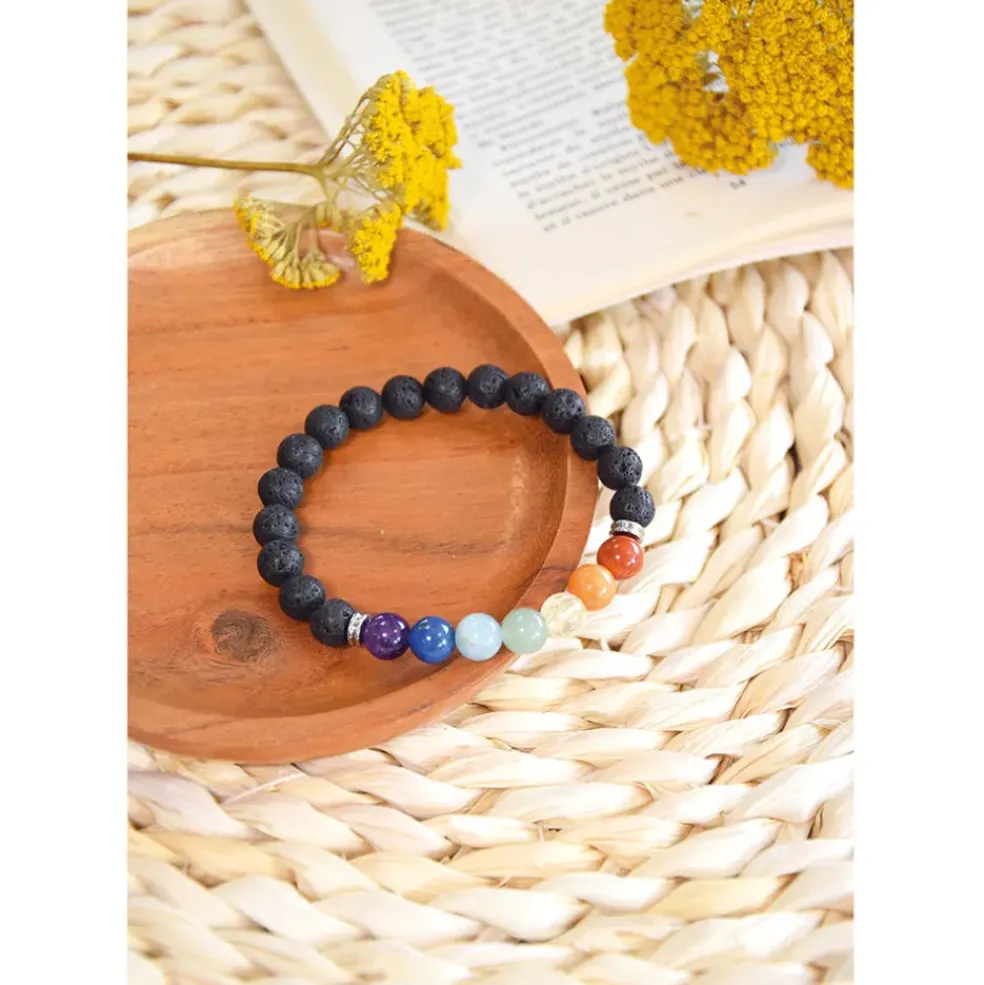Bracelet 7 chakras pierre de lave perles rondes 8mm