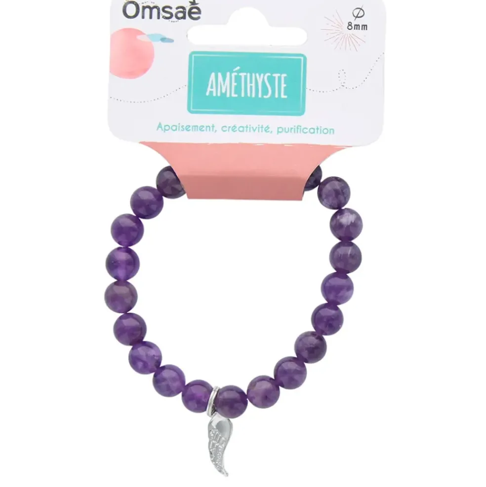 Bracelet améthyste perles rondes 8mm et aile d'ange
