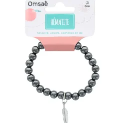 Bracelet hématite perles rondes 8mm et plume