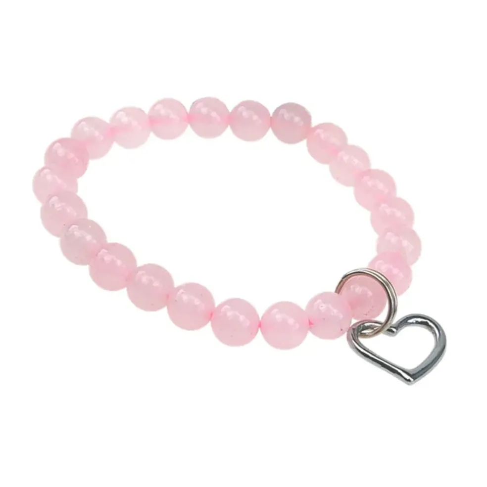 Bracelet quartz rose perles rondes 8mm et cœur