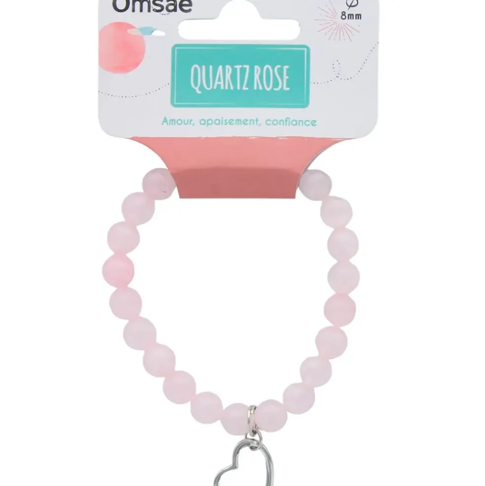 Bracelet quartz rose perles rondes 8mm et cœur