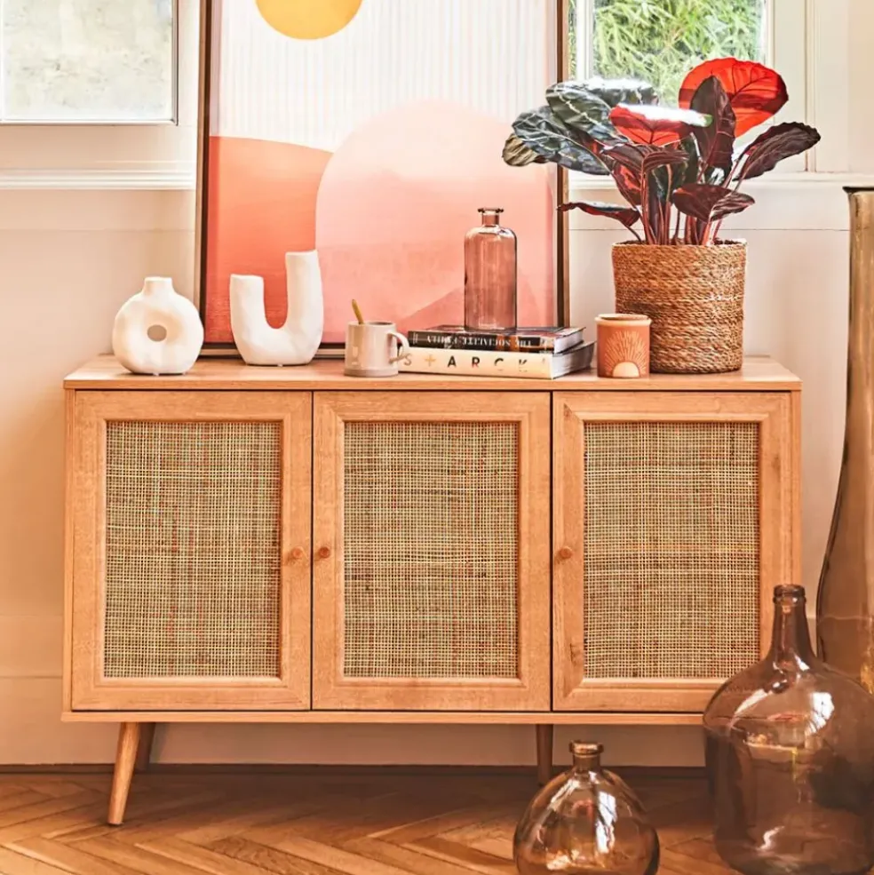 Buffet en bois et cannage 3 portes L115cm - Baia