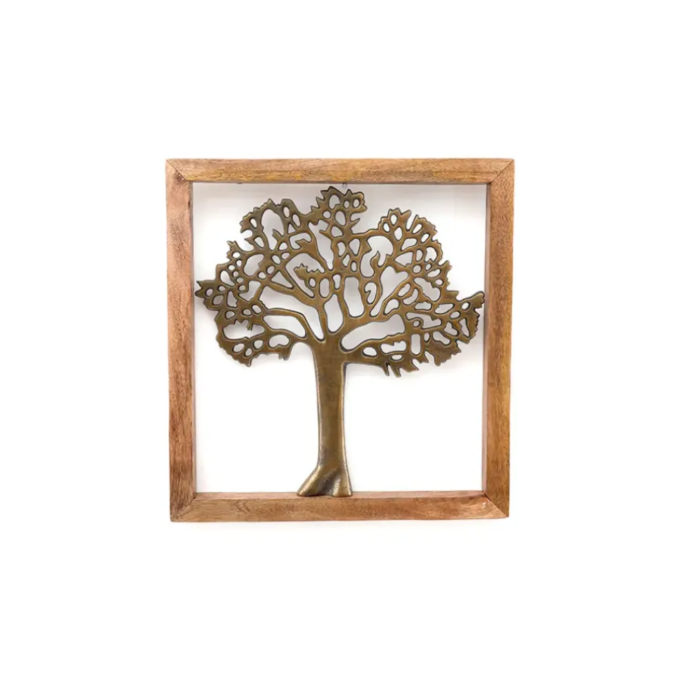 Cadre arbre de vie laiton et bois de manguier 37x37cm