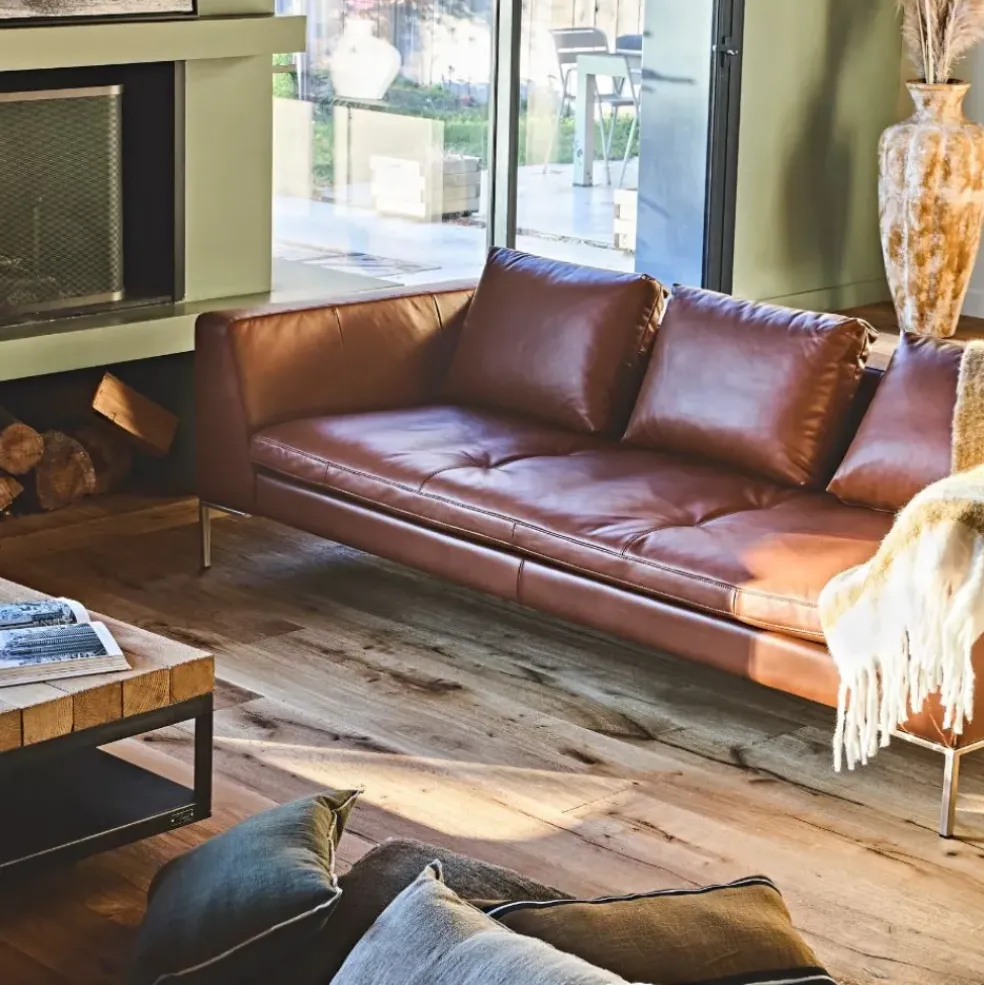 Canapé fixe 3 places en cuir vintage cognac - Montino