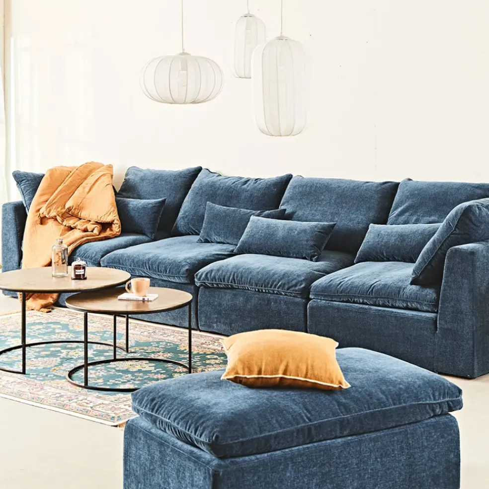 Canapé modulable 4 places bleu grisé avec pouf - Auguste