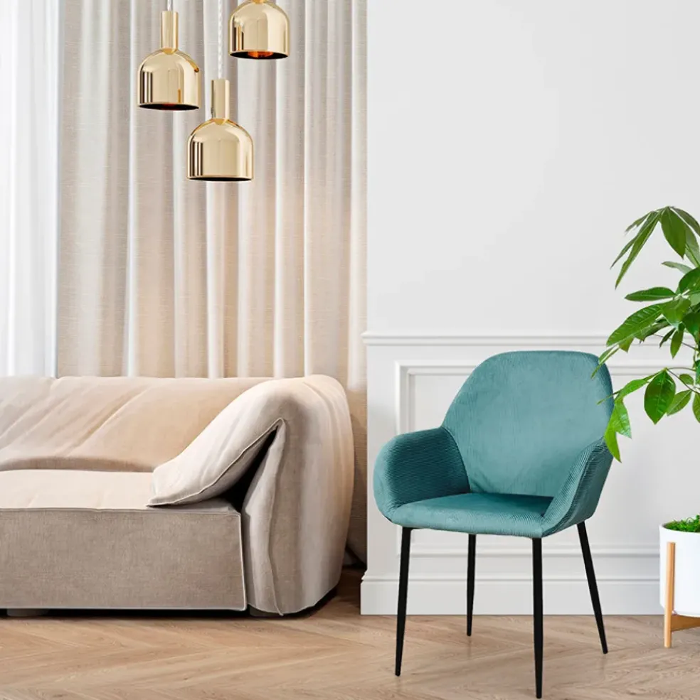 Chaise avec accoudoirs en velours côtelé bleu canard - Julia