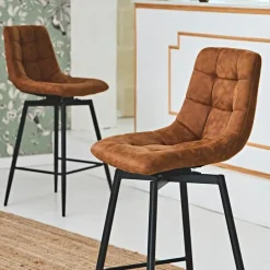 Chaise de bar pivotante en microfibre matelassé camel - Lilly