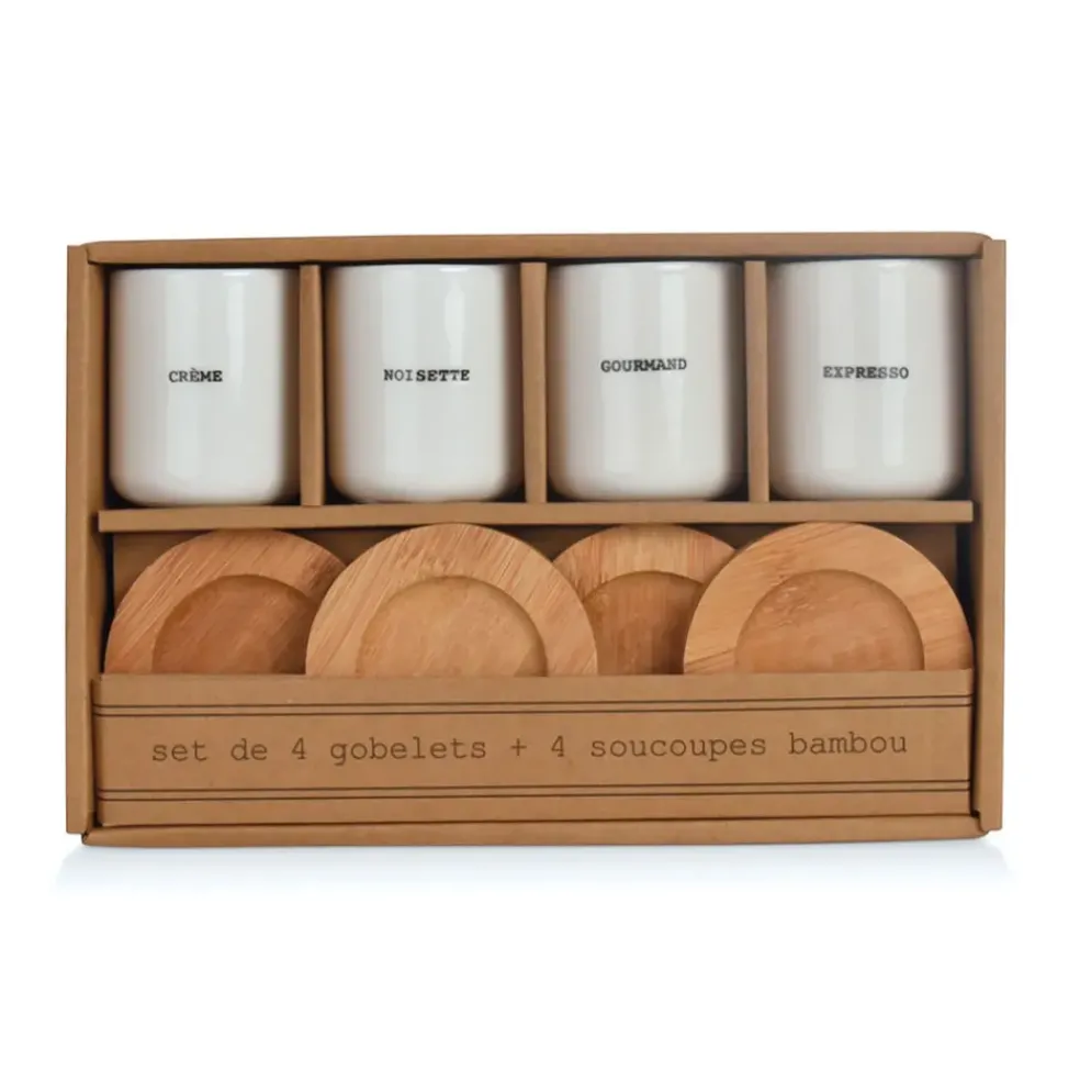 Coffret 4 tasses en faïence blanc avec soucoupes en bois 10cl