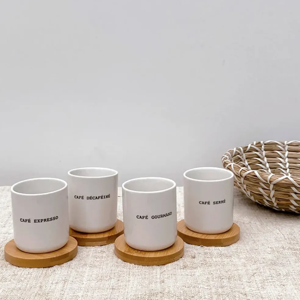 Coffret 4 tasses en faïence blanc avec soucoupes en bois 10cl