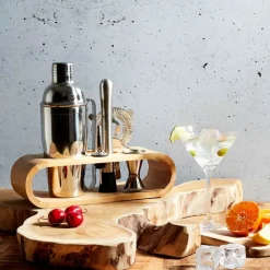 Coffret de cocktail en acier argenté et bambou