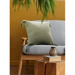 Coussin avec pompons en gaze de coton romarin 40x40cm - Gaia