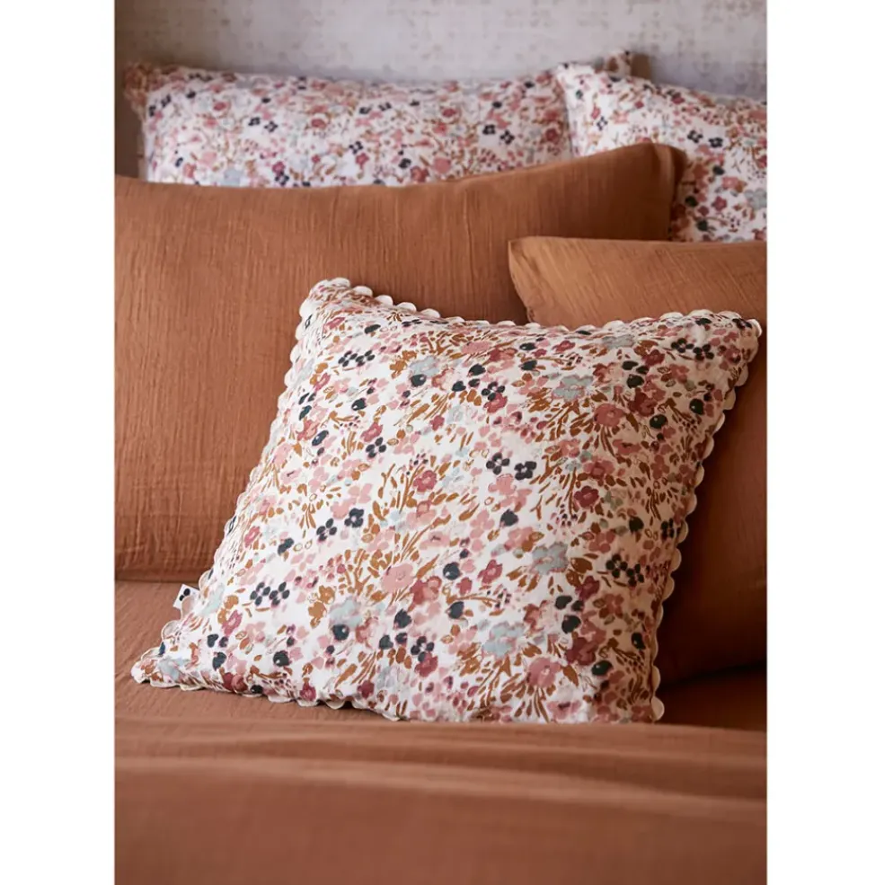 Coussin déhoussable avec croquet en gaze de coton imprimée pampa 40x40cm - Capucine