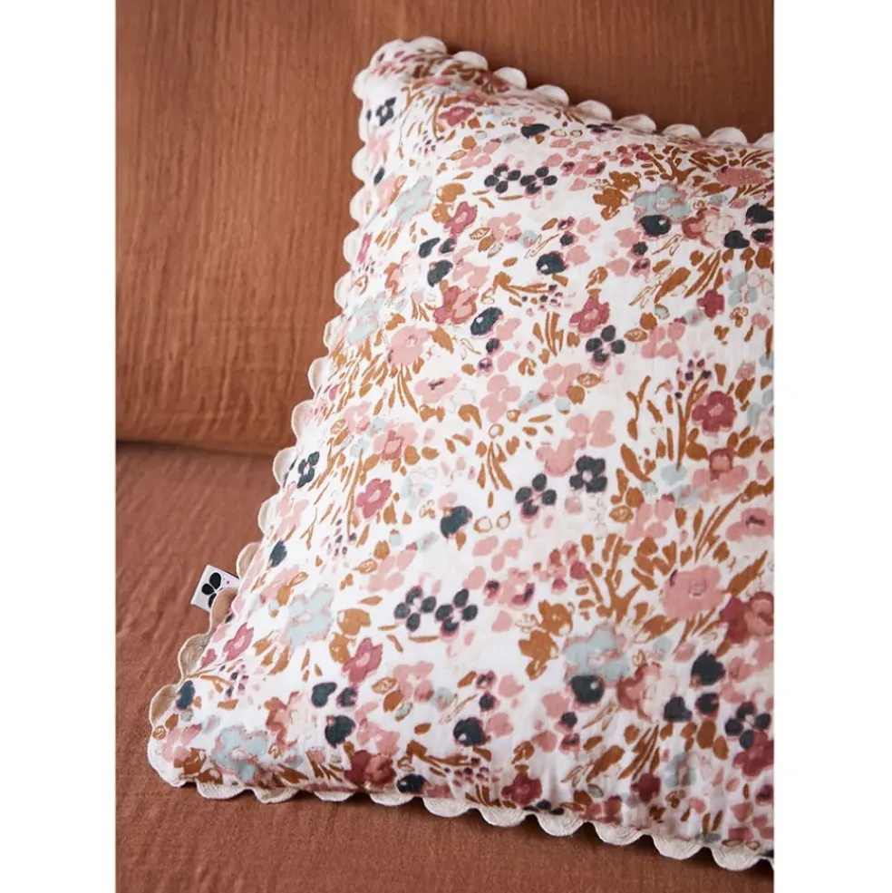 Coussin déhoussable avec croquet en gaze de coton imprimée pampa 40x40cm - Capucine
