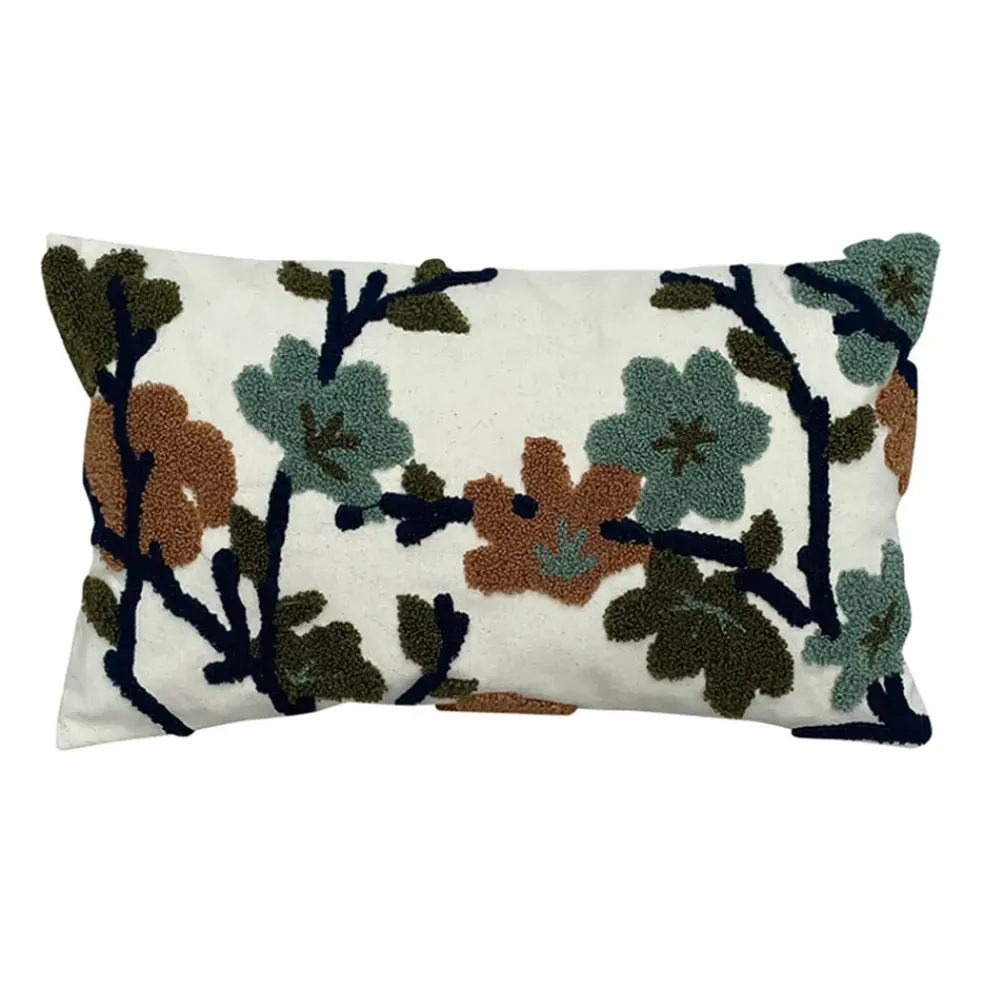 Coussin en coton brodé fleuri écru 30x50cm