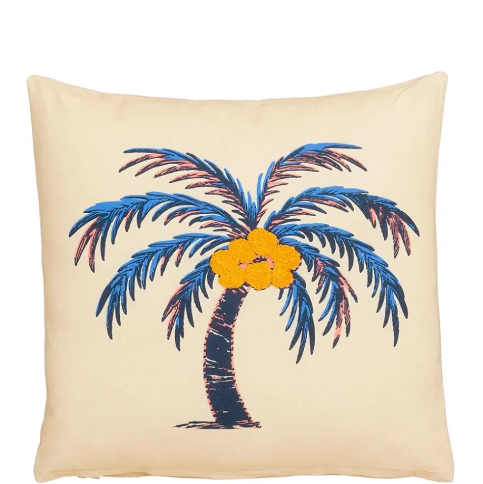 Coussin palmier en coton blanc et bleu 45x45cm - Palme