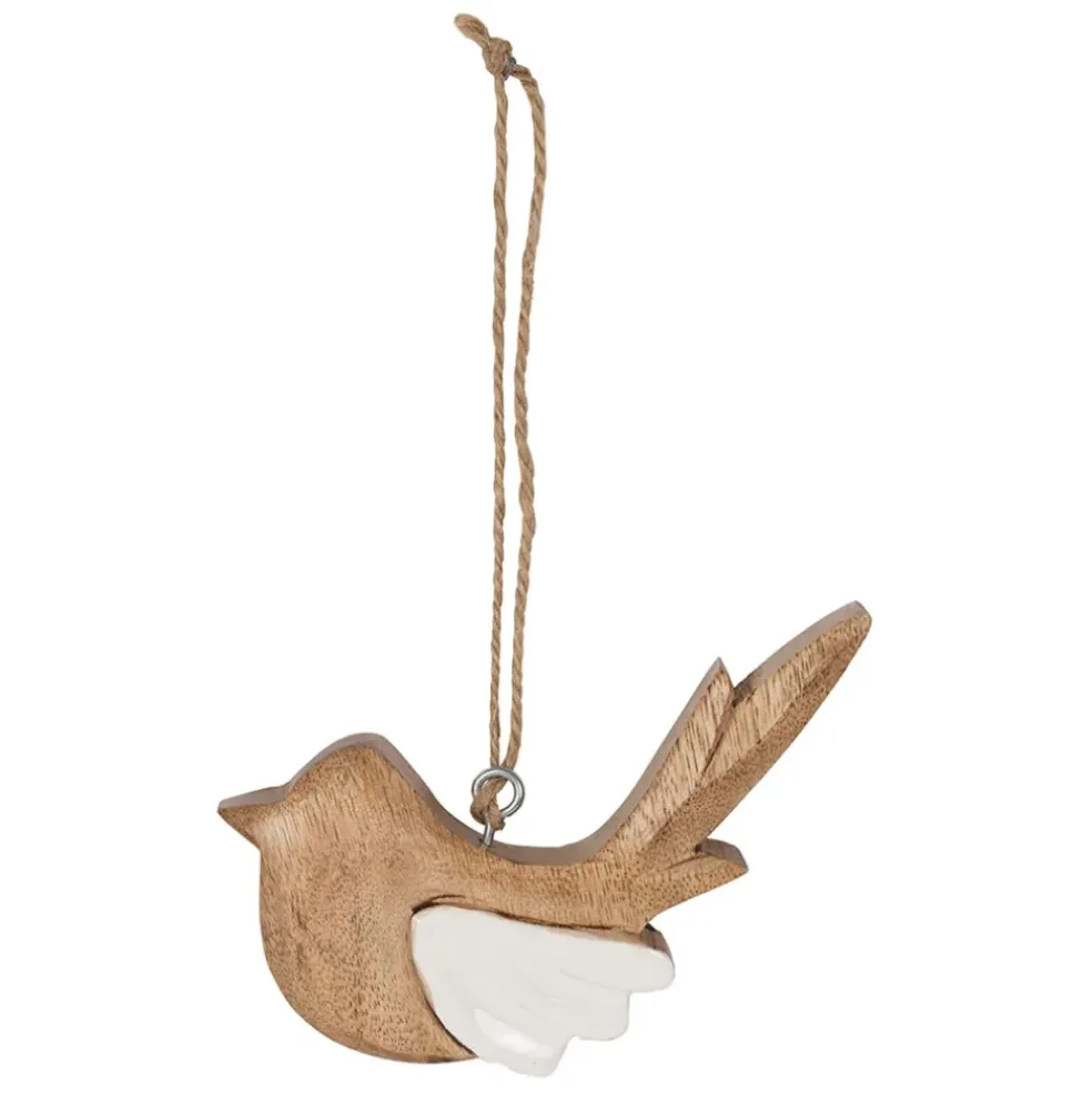 Deco a suspendre moineau en manguier naturel et blanc - Floréal
