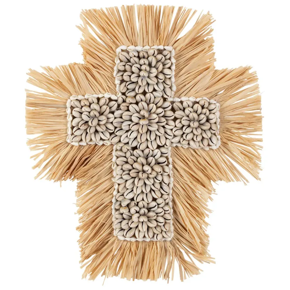 Deco murale croix en raphia et coquillage naturel et blanc - Cauri