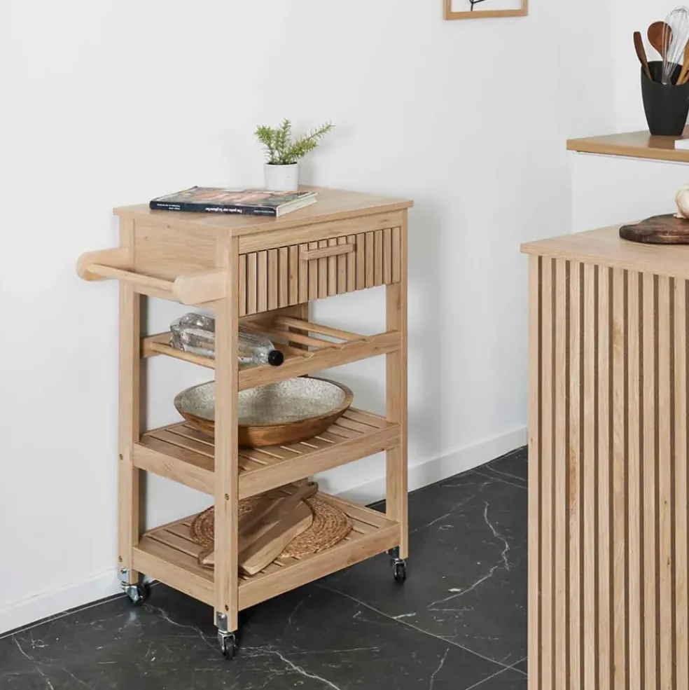 Desserte en bois naturel 3 niveaux et 1 tiroir - Kara