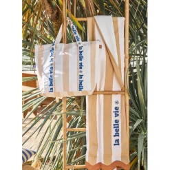 Drap de plage en coton rayé camel et blanc 170x85cm - Medi