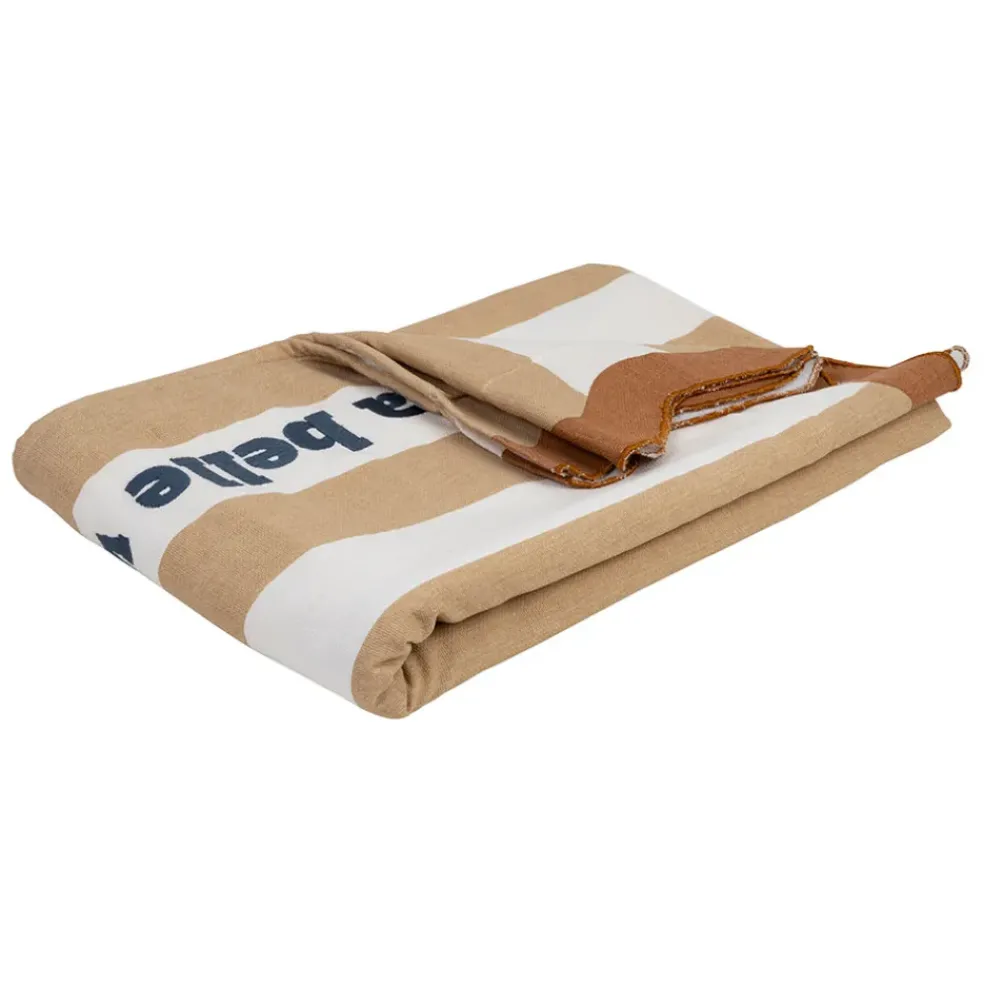 Drap de plage en coton rayé camel et blanc 170x85cm - Medi