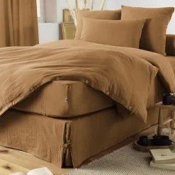 Drap housse camel en gaze de coton 160x200cm - Gaia