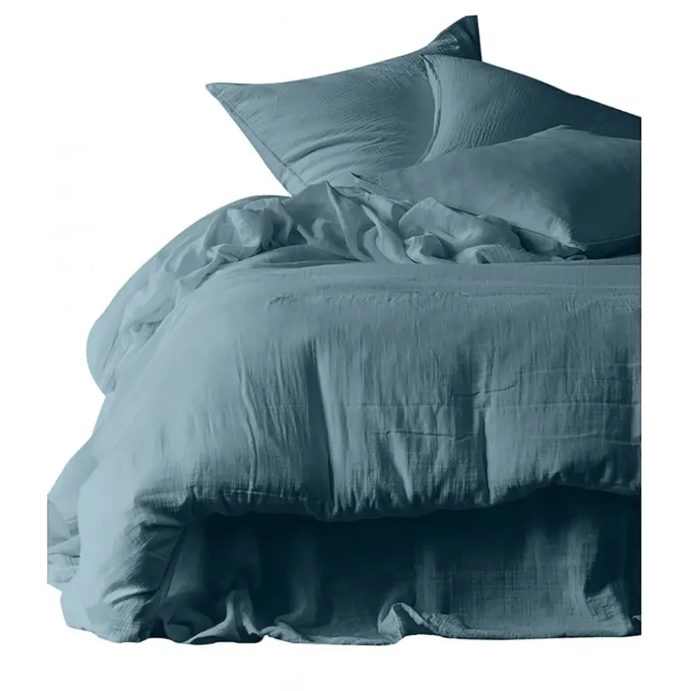 Drap housse dili bleu de prusse 140x200cm en voile de coton lavé