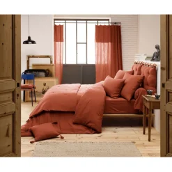 Drap housse en gaze de coton unie terracotta 180x200cm - Gaia