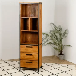 Etagère en teck massif recycle avec 3 tiroirs H190cm - Alix