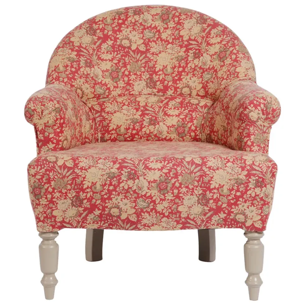 Fauteuil crapaud floral en coton rouge et pin - Margot