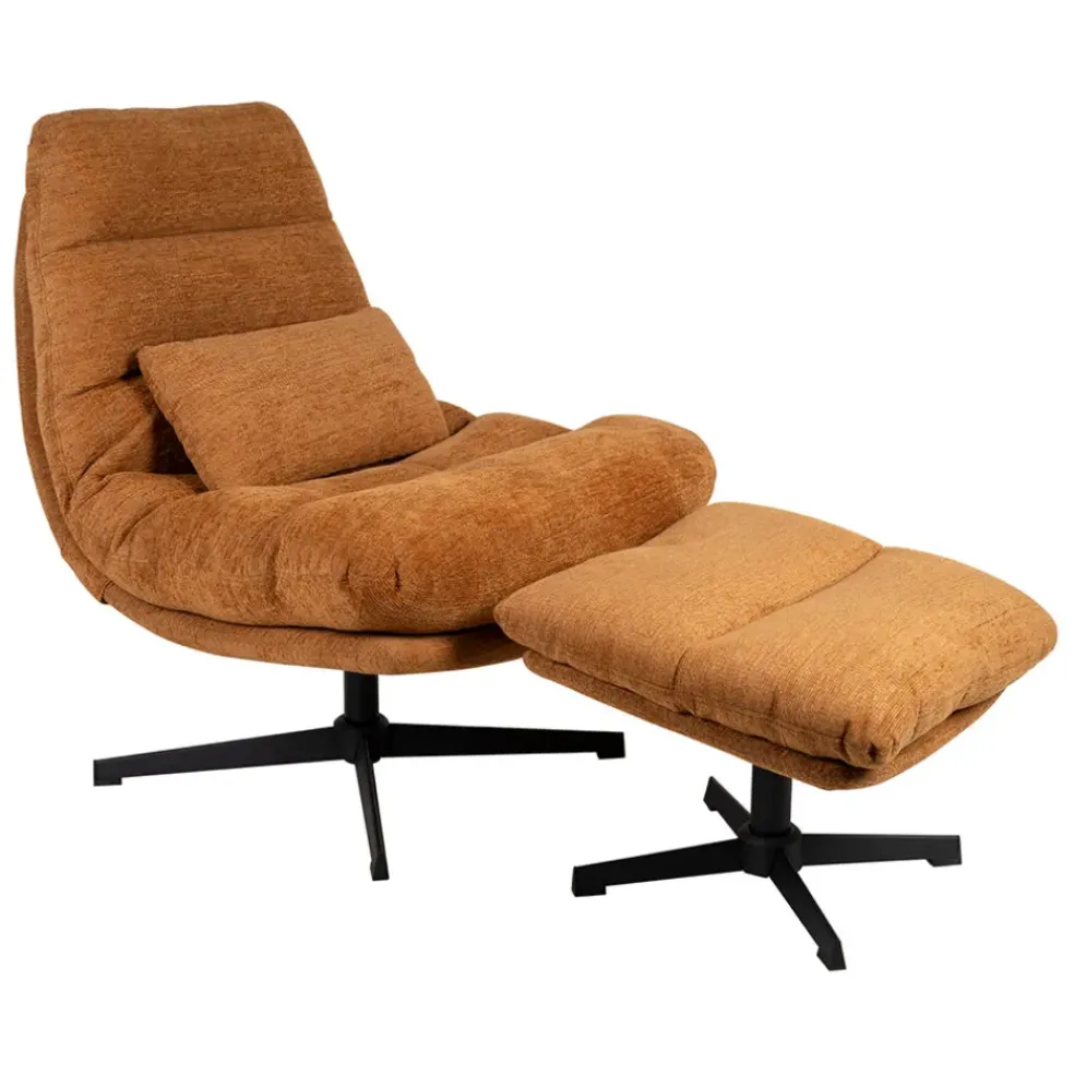 Fauteuil et repose pied en tissu brun et fer noir - Lery