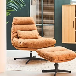 Fauteuil et repose pied en tissu brun et fer noir - Lery