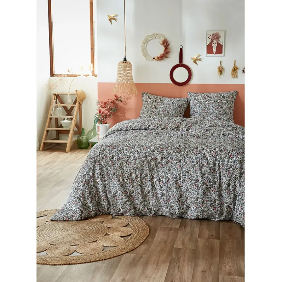 Housse de couette 240x220 cm et 2 taies d'oreiller 60x60cm en coton imprimé fleurs - Malia