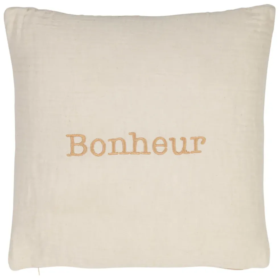 Housse de coussin bonheur en gaze de coton écru 45x45cm