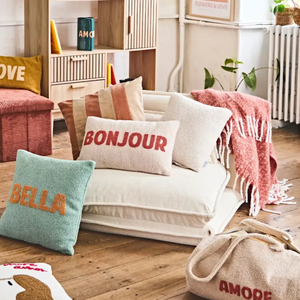 Housse de coussin bouclette "Bella" vert et camel 45x45cm - Funky
