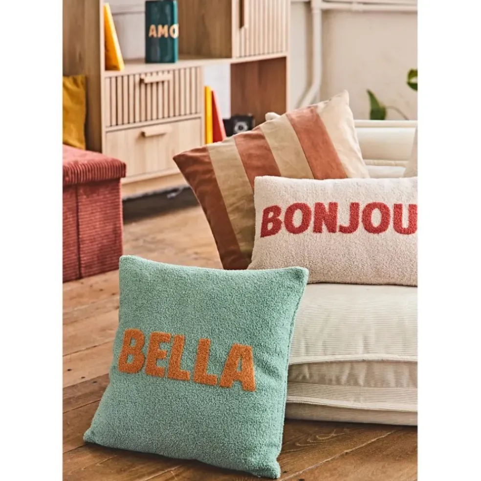 Housse de coussin bouclette "Bella" vert et camel 45x45cm - Funky