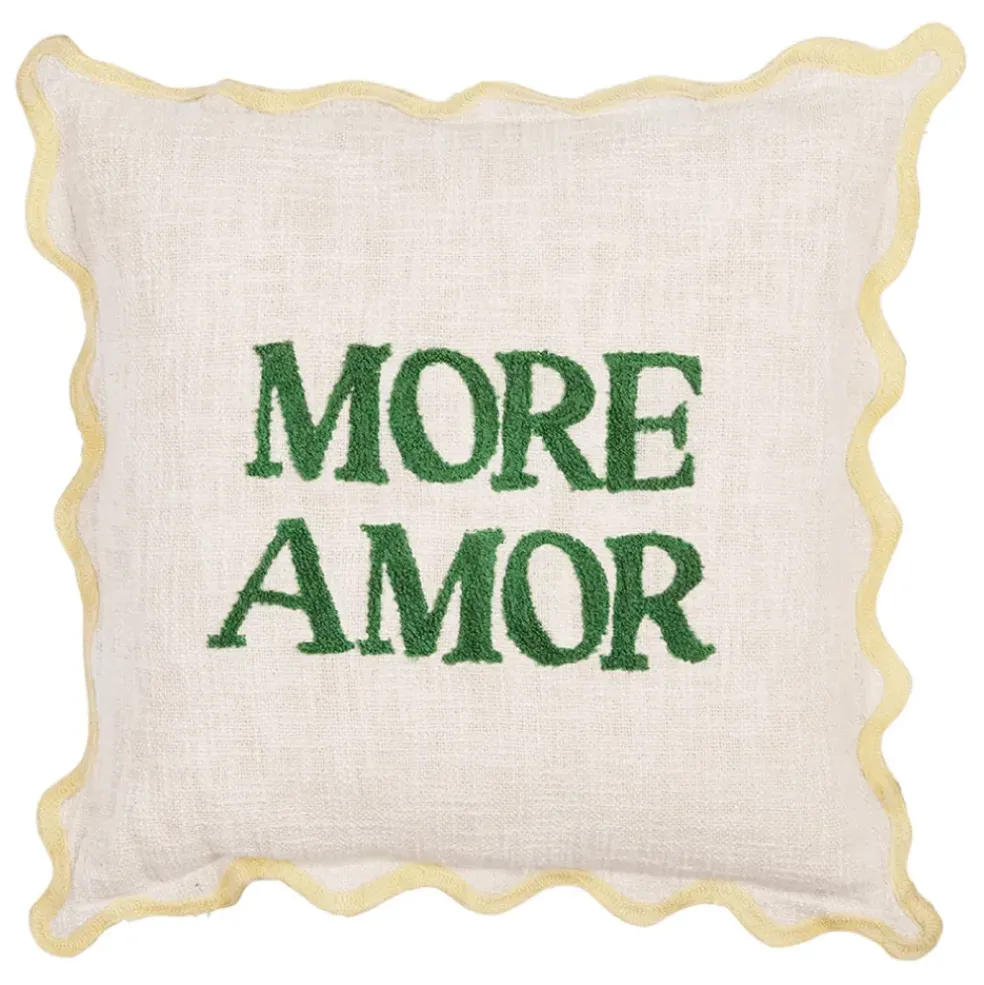 Housse de coussin brodé " More Amor"' en coton écru et vert 45x45cm - Lumi