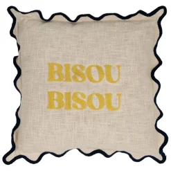 Housse de coussin brodée bisou en coton jaune et bleu 45x45cm - Lumi