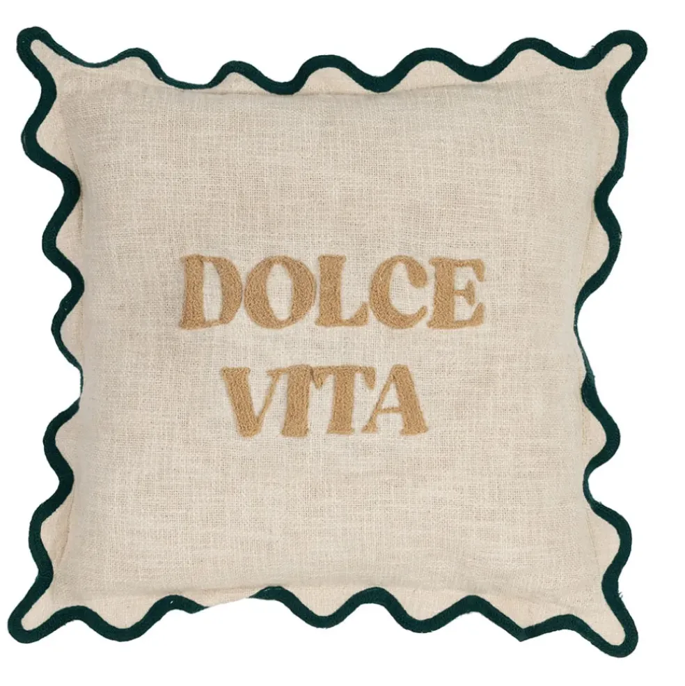 Housse de coussin brodée dolce vita en coton beige et émeraude 45x45cm - Lumi