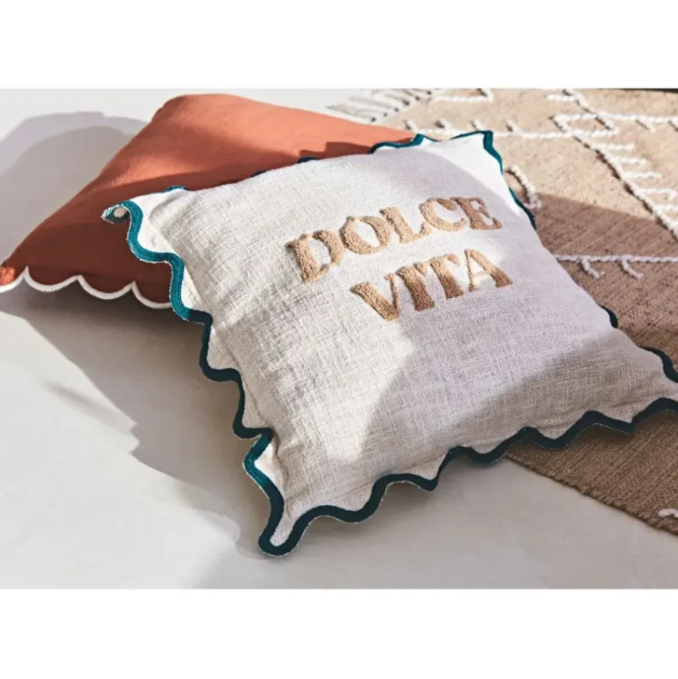 Housse de coussin brodée dolce vita en coton beige et émeraude 45x45cm - Lumi