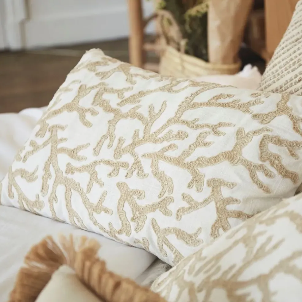 Housse de coussin coton motif coreil blanc et beige 50x30cm - estran