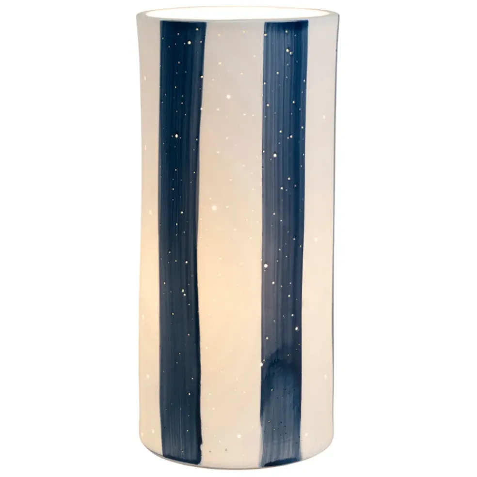 Lampe cylindre en porcelaine rayée indigo et blanc h28cm - Alaria