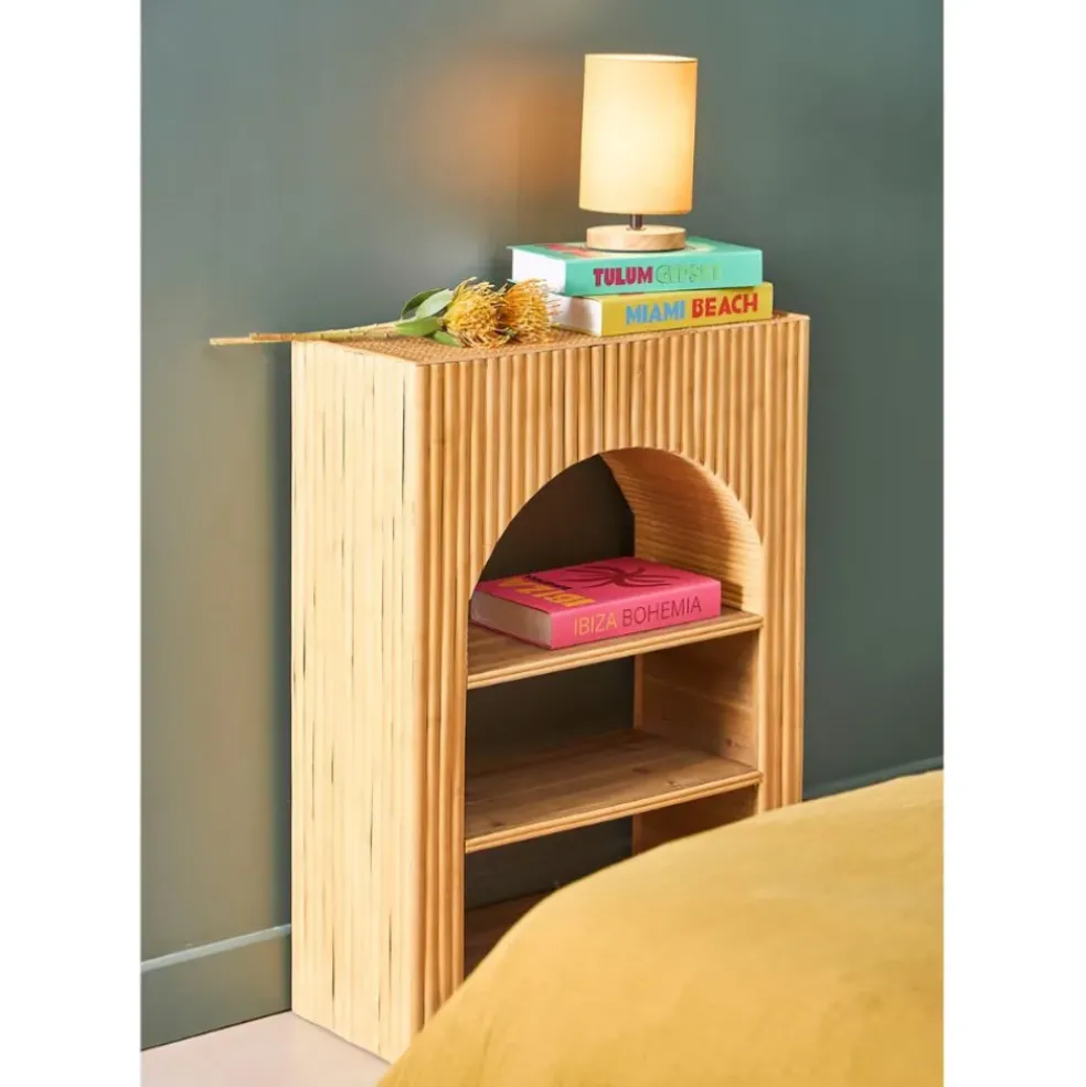 Lampe en bois d'hévéa et coton naturel et moutarde h24cm - Filen