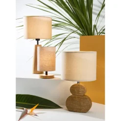 Lampe en hévéa et lin naturel et beige h23.5cm - Filen