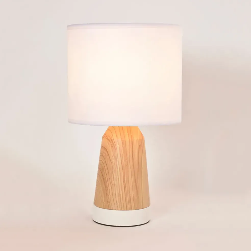 Lampe touch métal effet bois et coton blanc h33cm - Baltik