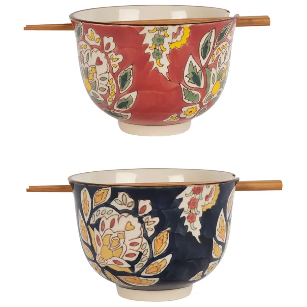 Lot de 2 bols et baguettes en grès et bambou multicolore d13xh9.5cm - Orchila