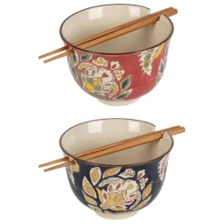 Lot de 2 bols et baguettes en grès et bambou multicolore d13xh9.5cm - Orchila