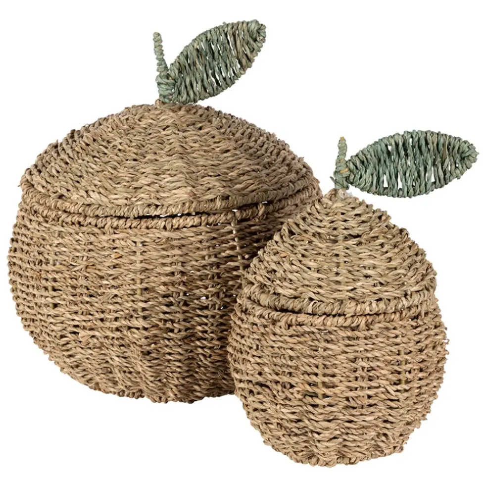 Lot de 2 corbeille pommes en jonc de mer naturel et vert - Les Fruits